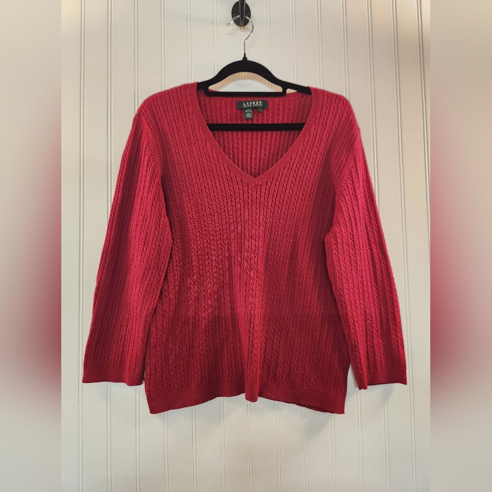 Lauren RL Women's Red Cable Knit V Neck Sweater Size L 3/4 Sleeve Soft Cozy